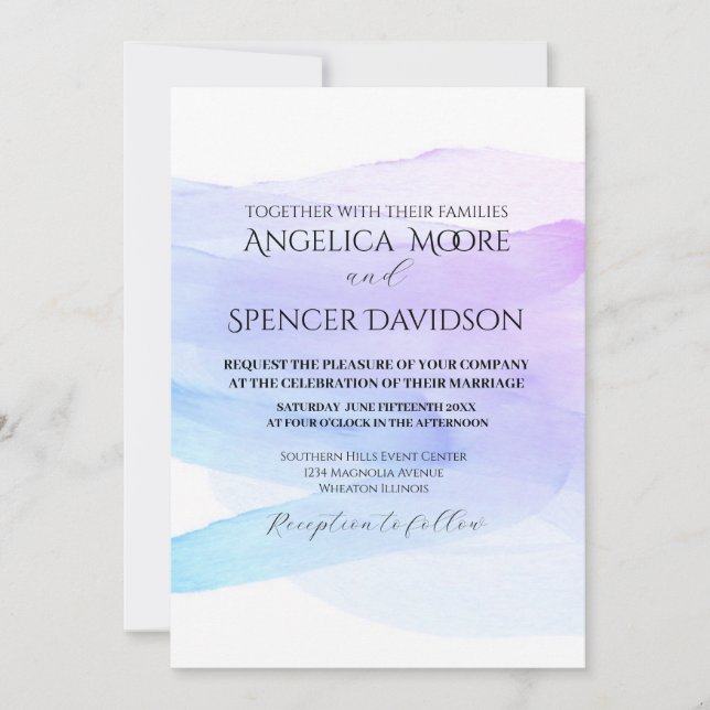 Minimalist elegant watercolor purple blue wedding  invitation (Front)
