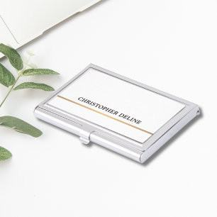 Minimalist Elegant White Faux Copper Line Business Card Holder