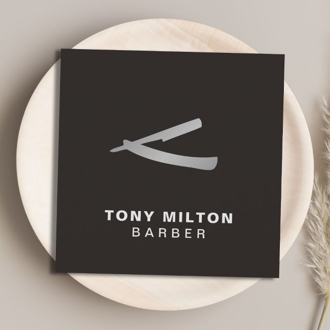 Minimalist Elegant White Faux Silver Razor Barber Square Business Card (Creator Uploaded)