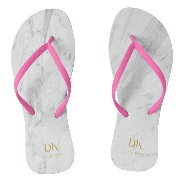 Minimalist Elegant White Marble Monogram Flip Flops (Footbed)