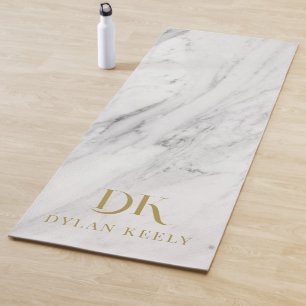 Minimalist Elegant White Marble Monogram Yoga Mat