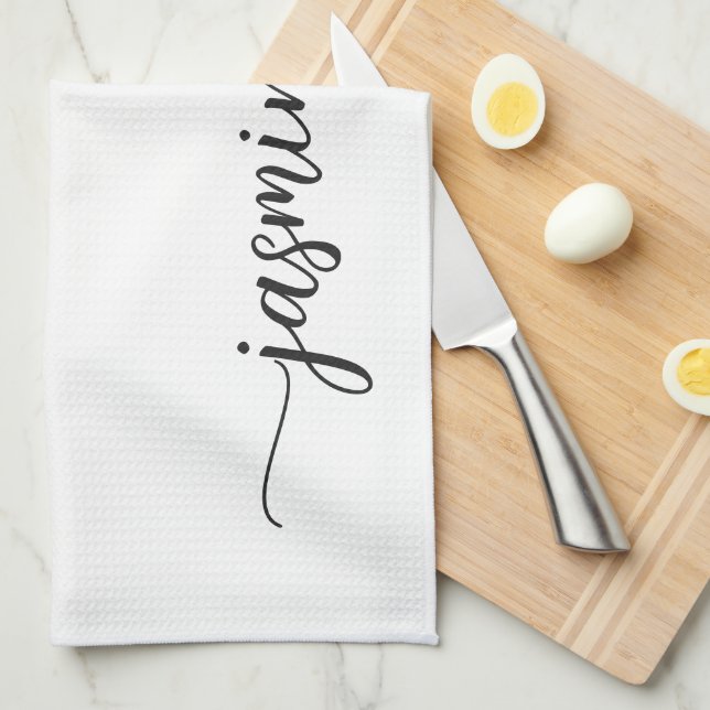 Minimalist Elegant White Monogram Name Script Tea Towel (Quarter Fold)