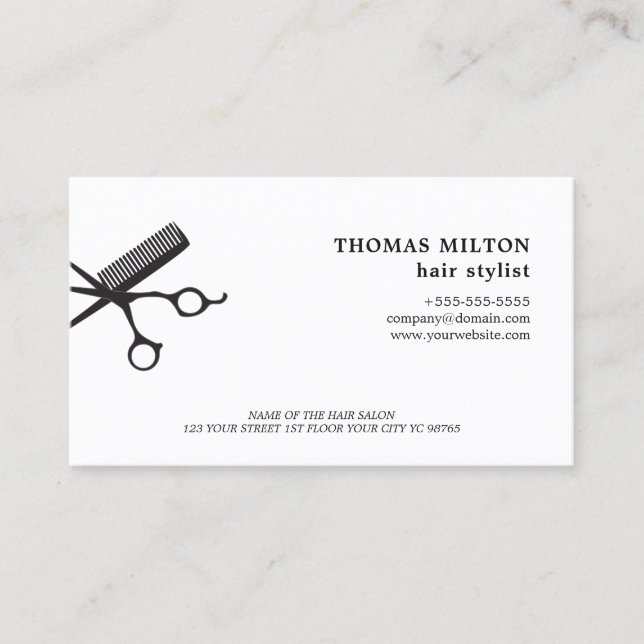 Minimalist Elegant White Scissors Comb Hairstylist Business Card (Front)