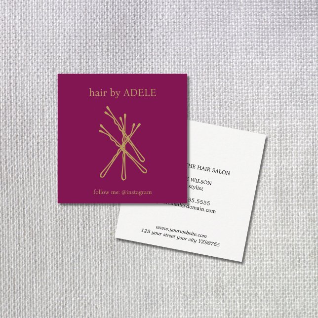 Minimalist Elegant Wine Red Golden Hair Pins Salon Square Business Card (Creator Uploaded)