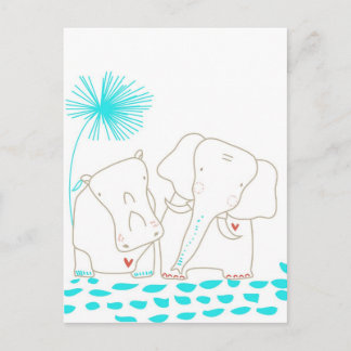 Minimalist Elephant and Hippo - Aqua and White Postcard