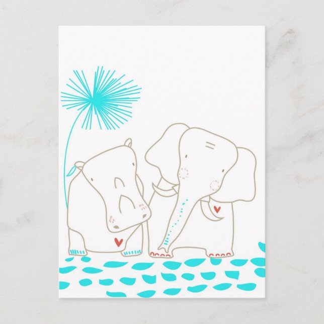Minimalist Elephant and Hippo - Aqua and White Postcard (Front)