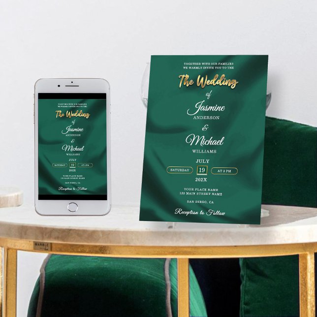 Minimalist Emerald and Gold Foil Script Wedding  Invitation (Creator Uploaded)
