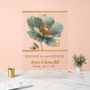 Minimalist Emerald and Gold Poppy Wedding Acrylic Sign