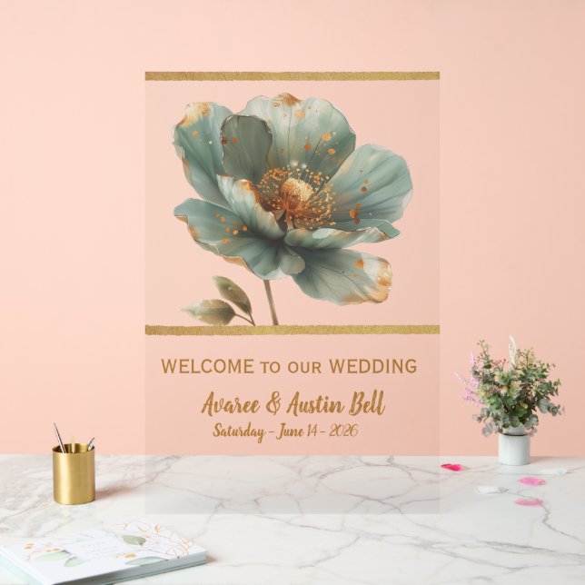 Minimalist Emerald and Gold Poppy Wedding Acrylic  Sign (Wedding)