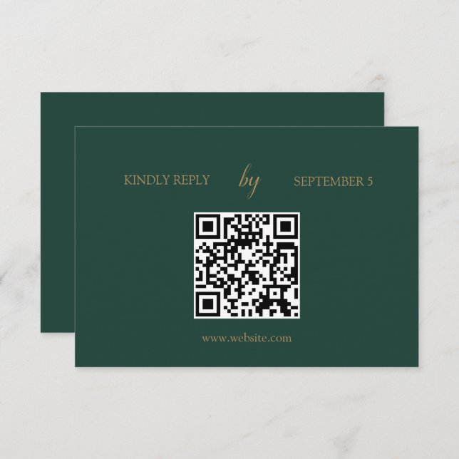 Minimalist Emerald Green Gold QR Code Wedding RSVP (Front/Back)