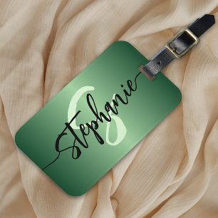 Minimalist Emerald Green Metallic Name And Initial Luggage Tag
