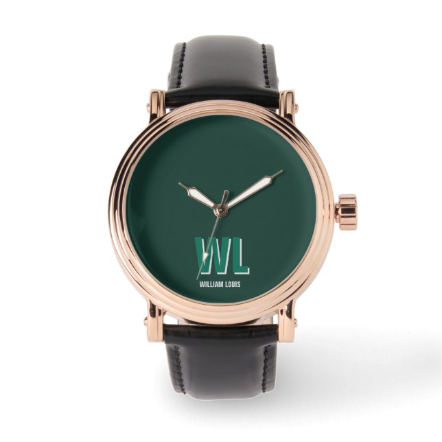 Minimalist Emerald Green Personalised Monogram  Watch (Front)