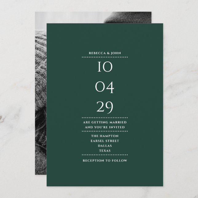 Minimalist Emerald Green Photo Wedding Date Invitation (Front/Back)