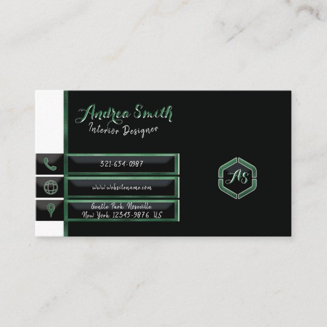 Minimalist Emerald Green Script Artistic Monogram  Business Card (Front)