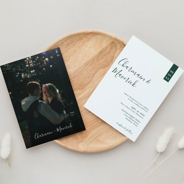 Minimalist Emerald Green Script Photo Wedding Invitation (Creator Uploaded)