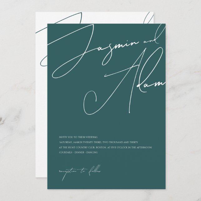 Minimalist Emerald Green Script Typography Wedding Invitation (Front/Back)
