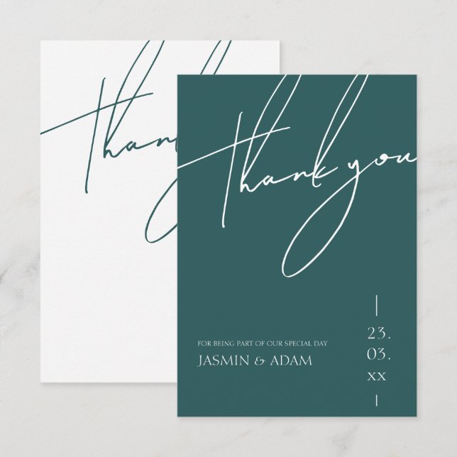 Minimalist Emerald Green Script Typography Wedding Thank You Card (Front/Back)
