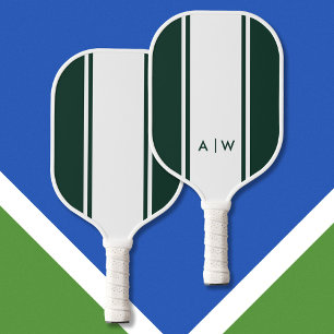 Minimalist Emerald Green Stripe Modern Monogram Pickleball Paddle