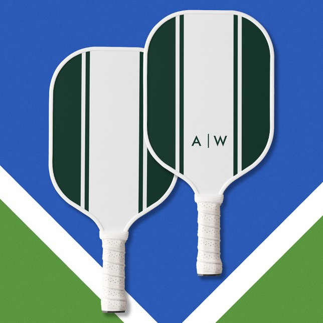 Minimalist Emerald Green Stripe Modern Monogram Pickleball Paddle (Creator Uploaded)