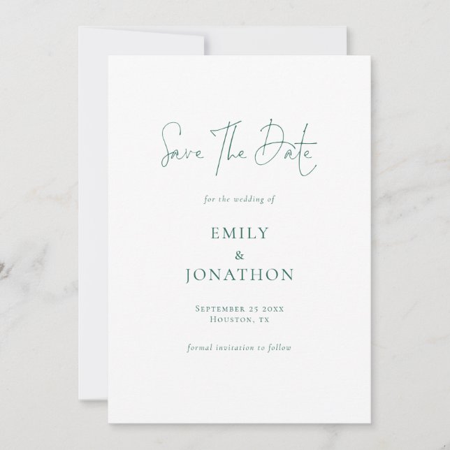 Minimalist Emerald Green Writing QR Code Wedding Save The Date (Front)