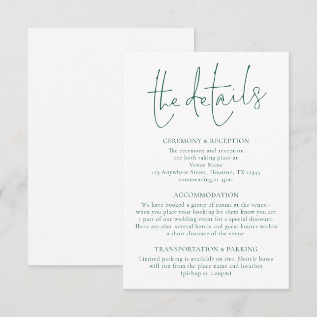 Minimalist Emerald Green Writing Wedding Details  Enclosure Card (Front/Back)
