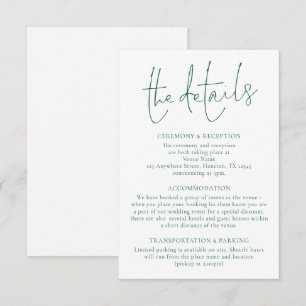 Minimalist Emerald Green Writing Wedding Details  Enclosure Card