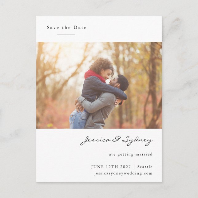 Minimalist Engaged Couple Photo Save The Date Postcard (Front)