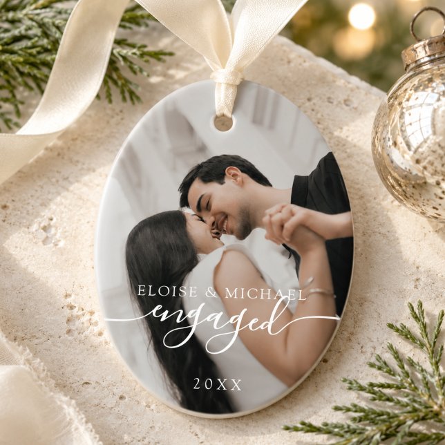 Minimalist Engaged Photo Christmas Ceramic Tree Decoration (Minimalist Engaged Photo Christmas Ceramic Ornament)