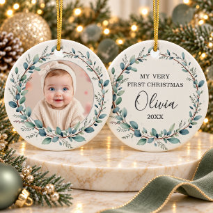 Minimalist Eucalyptus Baby First Christmas Photo Ceramic Tree Decoration