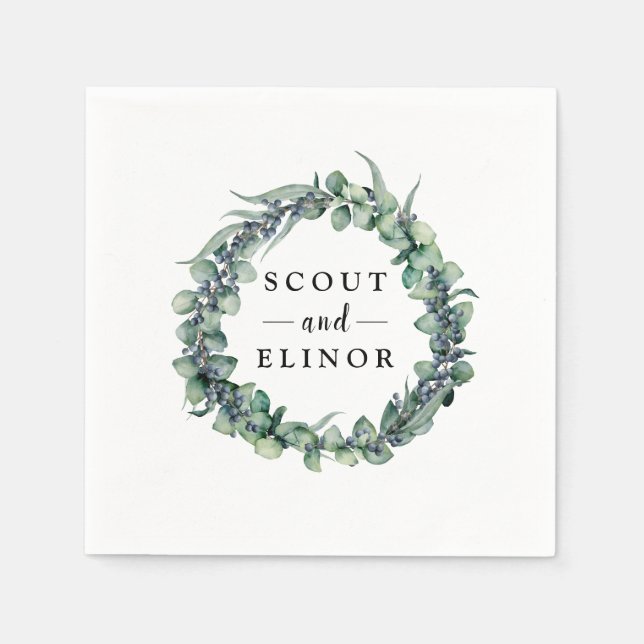 Minimalist Eucalyptus Berry Wreath Wedding Napkin (Front)
