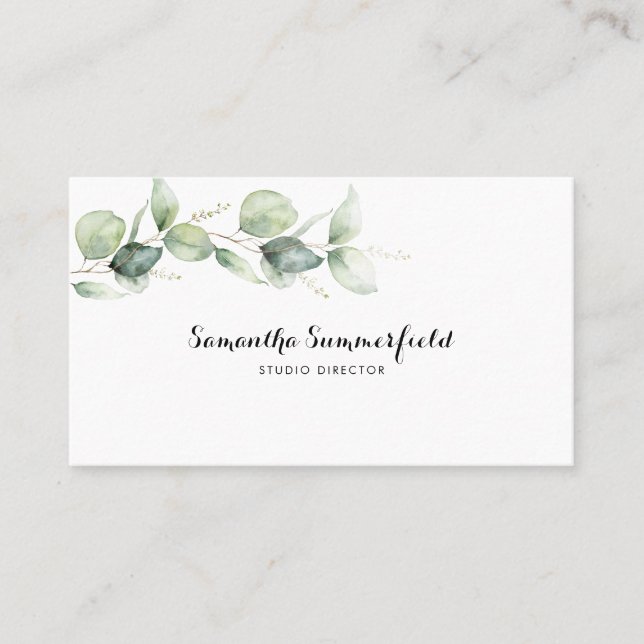 Minimalist Eucalyptus Botanical Script Watercolor Business Card (Front)