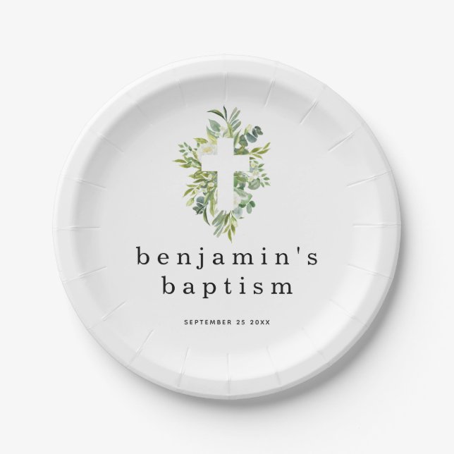 Minimalist Eucalyptus Cross Name Date Baptism Paper Plate (Front)