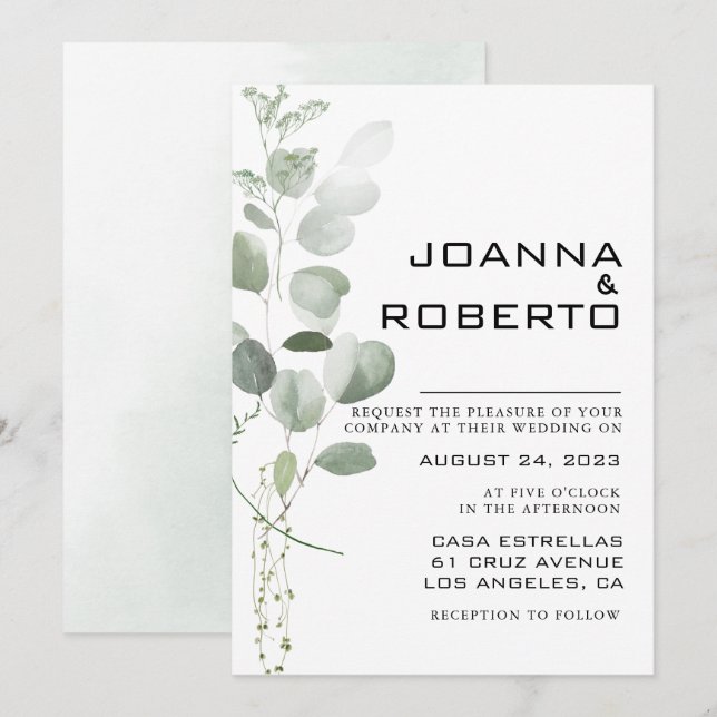 Minimalist Eucalyptus Foliage Formal Wedding Invitation (Front/Back)