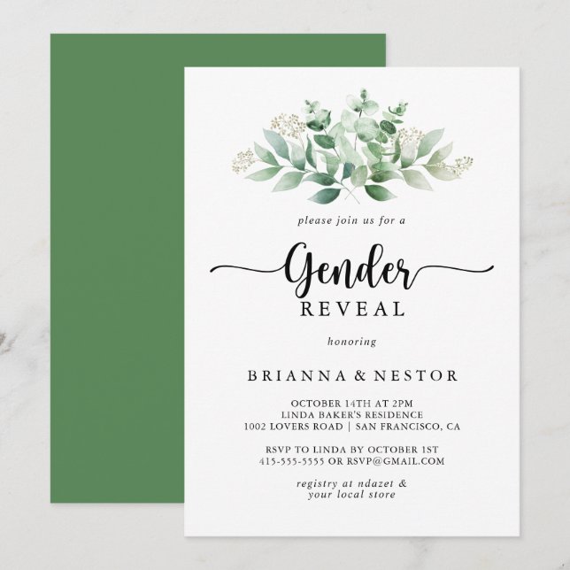 Minimalist Eucalyptus Gender Reveal Party   Invitation (Front/Back)