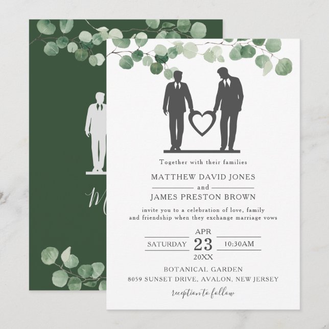 Minimalist Eucalyptus Greenery Gay Wedding Grooms  Invitation (Front/Back)