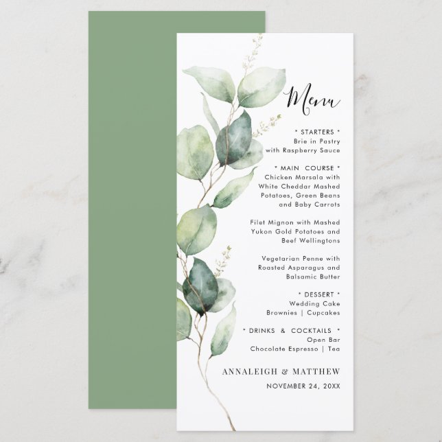 Minimalist Eucalyptus Greenery Wedding Menu (Front/Back)