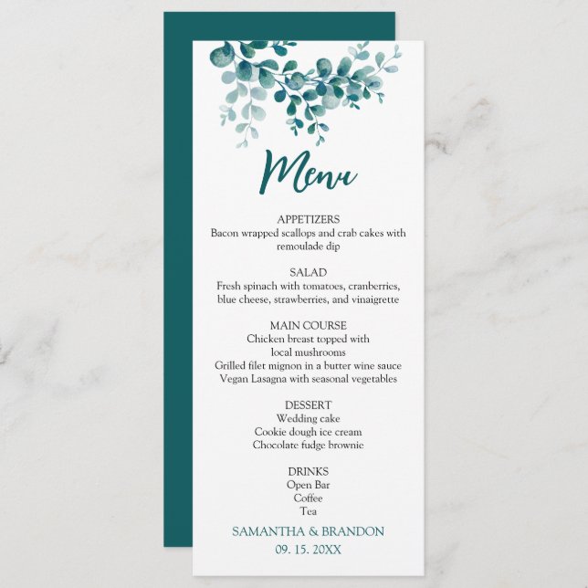 Minimalist eucalyptus greenery wedding menu (Front/Back)