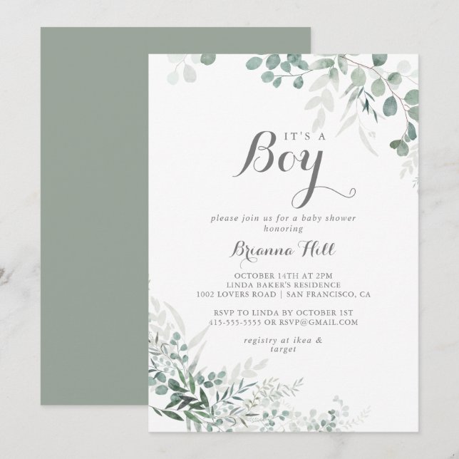  Minimalist Eucalyptus It's A Boy Baby Shower Invitation (Front/Back)