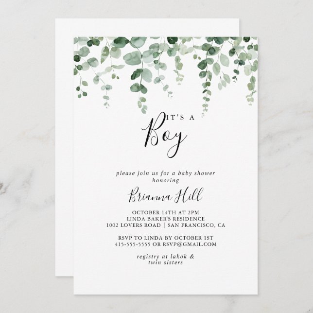 Minimalist Eucalyptus It's A Boy Baby Shower  Invitation (Front/Back)