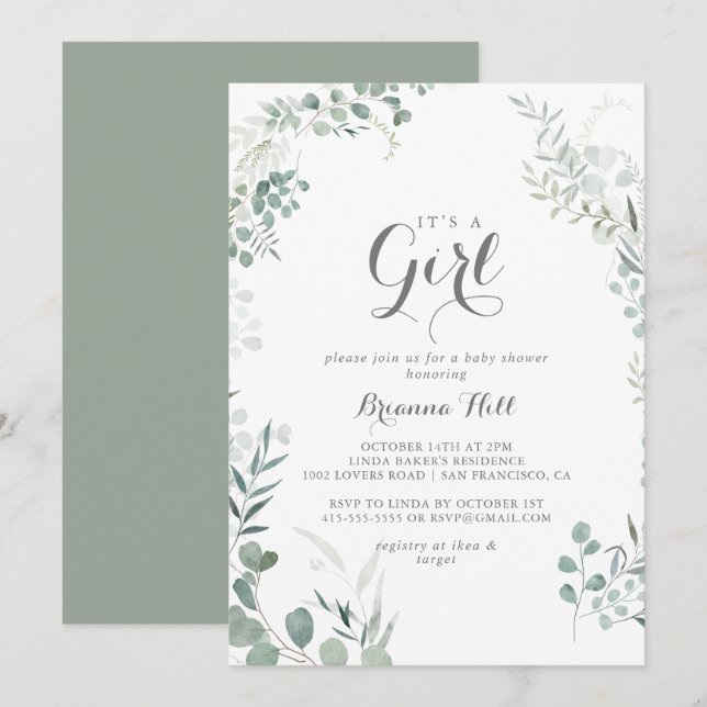 Minimalist Eucalyptus It's A Girl Baby Shower Invitation (Front/Back)