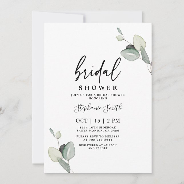 Minimalist eucalyptus leave Bridal Shower Invitation (Front)