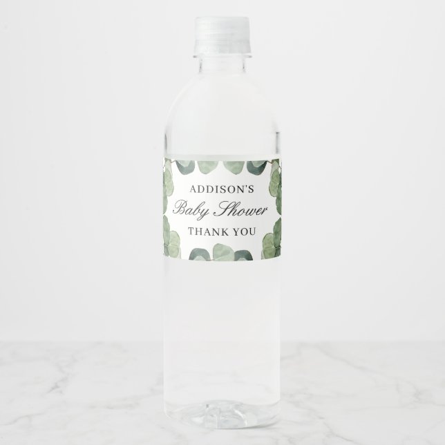 Minimalist Eucalyptus Leaves Baby Shower Favour Water Bottle Label (Front)