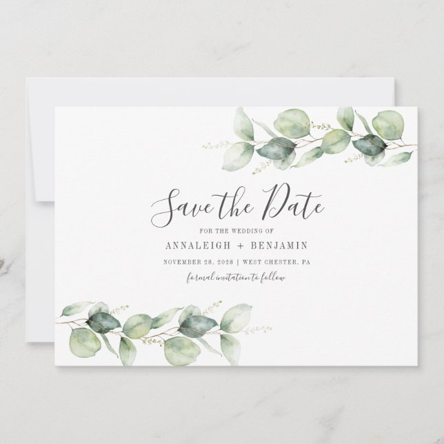 Minimalist Eucalyptus Leaves Botanical Wedding Save The Date (Front)