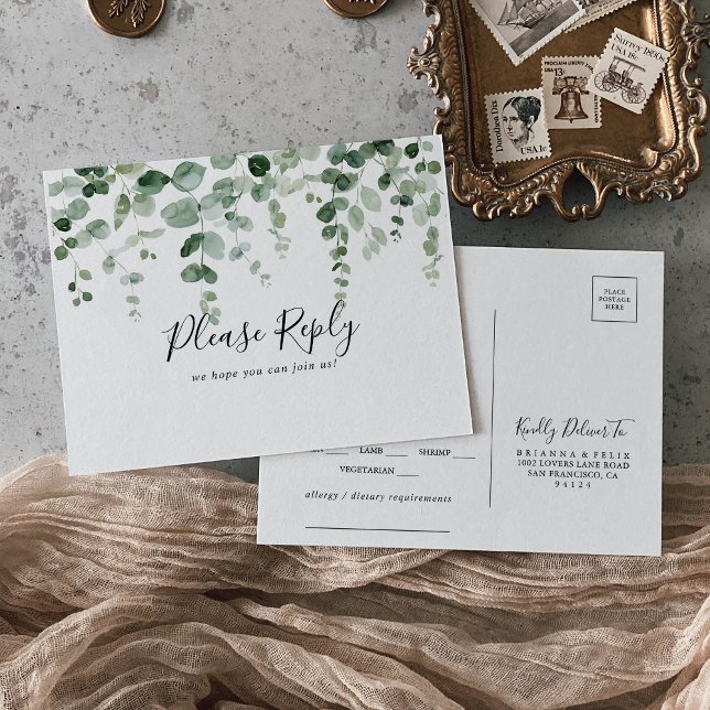 Minimalist Eucalyptus Menu Choice RSVP Postcard (Creator Uploaded)