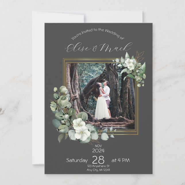 Minimalist Eucalyptus Personalised Wedding Photo Invitation (Front)