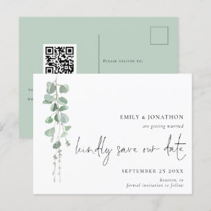 Minimalist Eucalyptus QR Code Script Save The Date Postcard