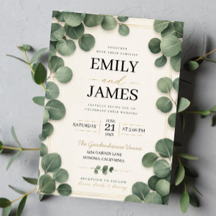 Minimalist Eucalyptus Sage Green Leaves and Gold Invitation