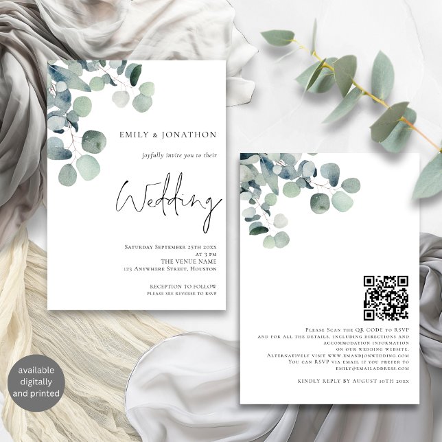 Minimalist Eucalyptus Script Sage Wedding Invitation (Front and back view)
