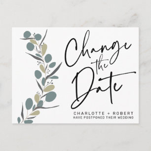 Minimalist eucalyptus wedding change the date announcement postcard