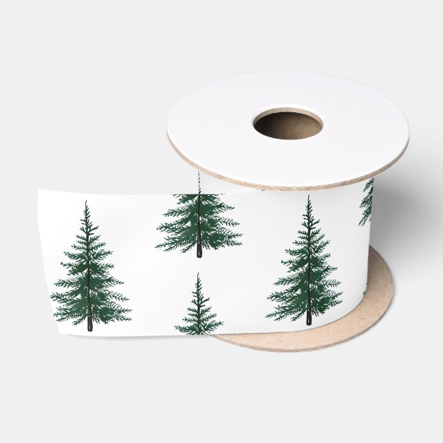Minimalist Evergreen Tree Design Simple Hand-Draw Satin Ribbon (Spool)